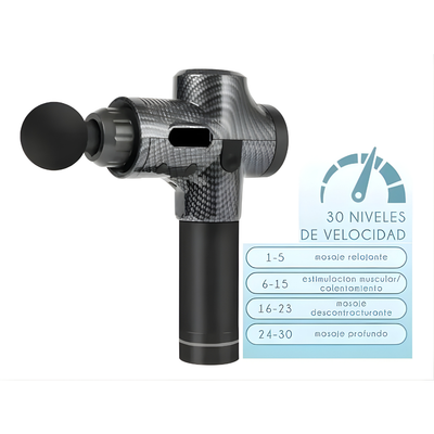 Pistola de Masaje de Percusión Profesional - 30 Velocidades y 6 Cabezales Intercambiables color Fibra de Carbono