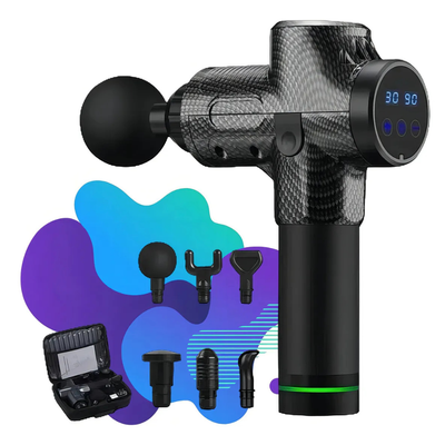 Pistola de Masaje de Percusión Profesional - 30 Velocidades y 6 Cabezales Intercambiables color Fibra de Carbono