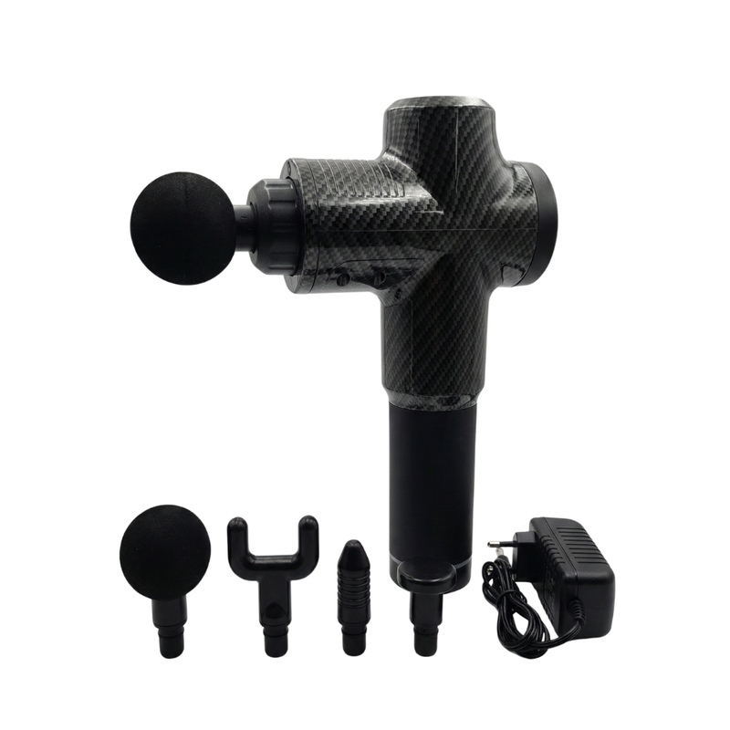 Pistola de Masaje de Percusión Profesional - 30 Velocidades y 6 Cabezales Intercambiables color Fibra de Carbono