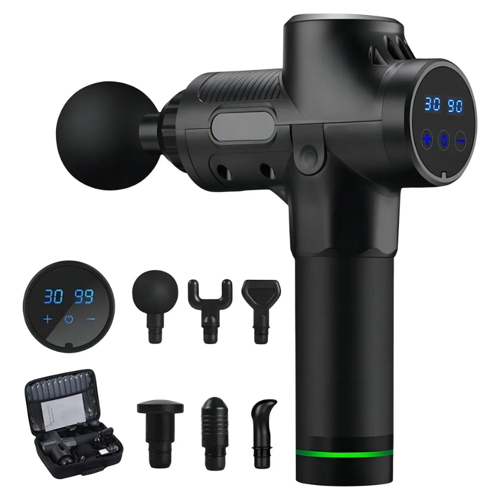 Pistola de Masaje de Percusión Profesional - 30 Velocidades y 6 Cabezales Intercambiables color Negro