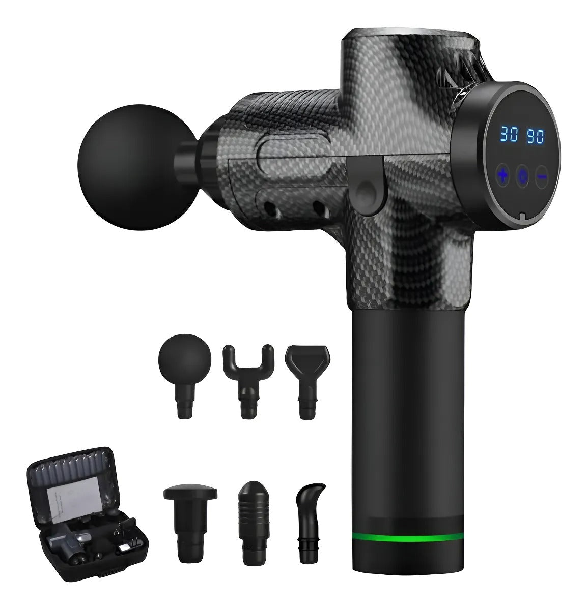 Pistola de Masaje de Percusión Profesional - 30 Velocidades y 6 Cabezales Intercambiables color Fibra de Carbono
